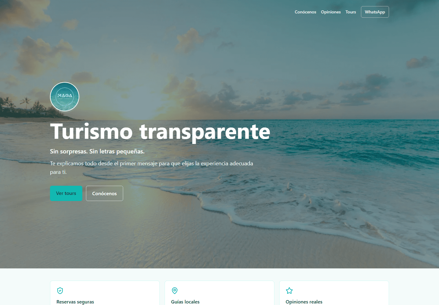 Vista previa de una pagina web para tours con paquetes y experiencias.